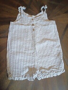 Burt’s Bees Baby 24M Seersucker Romper Blue White Striped Bubble Sunsuit Tie